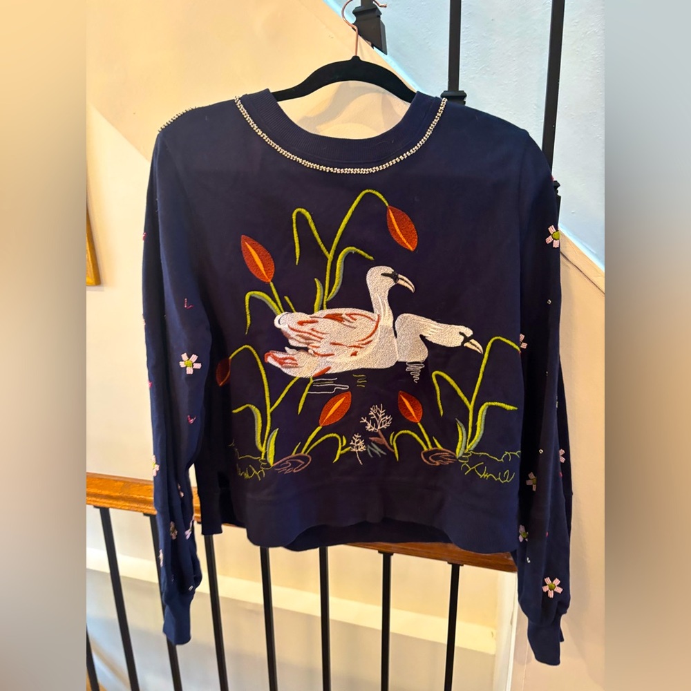 Anthropologie Navy Embroidered Swan Sweatshirt: Size M